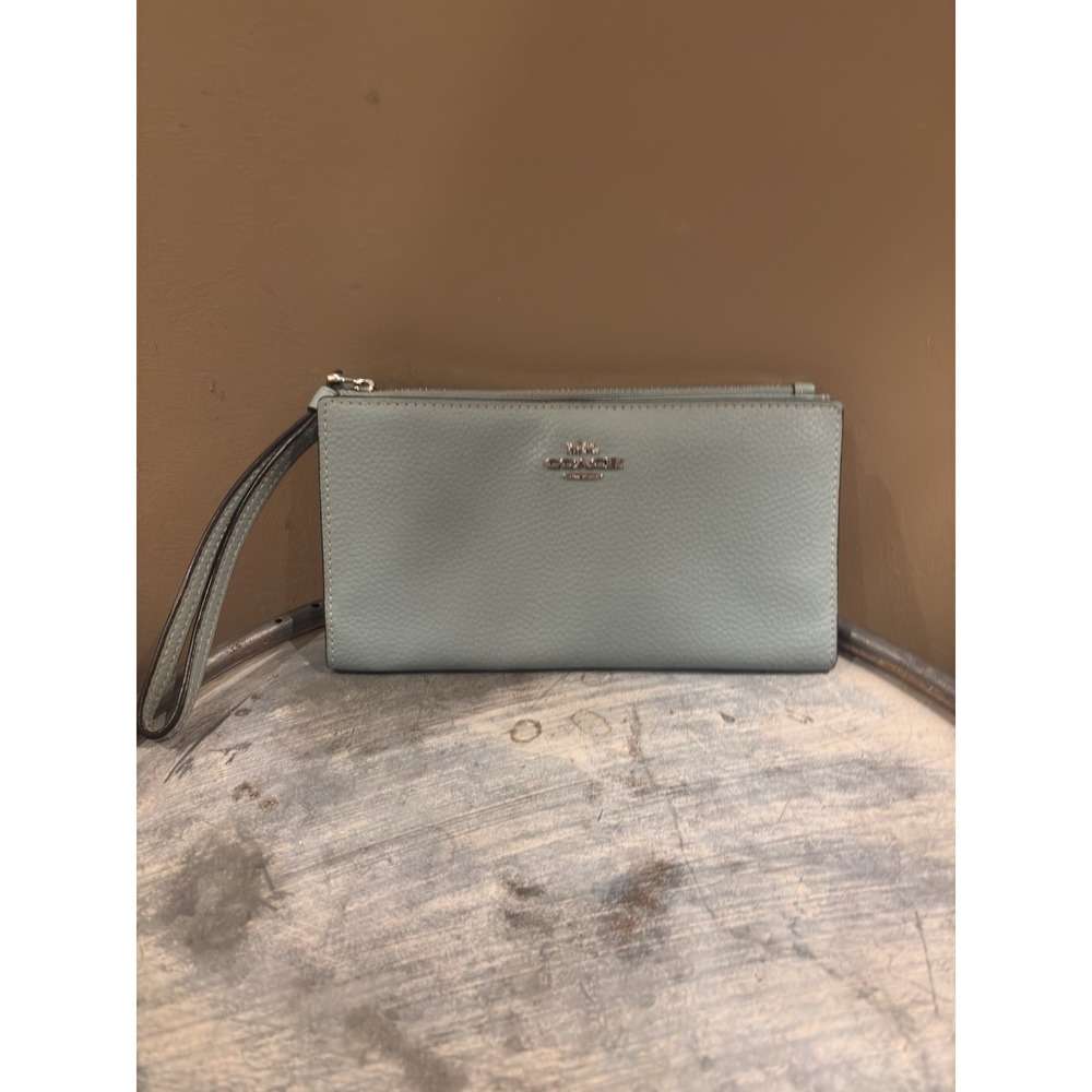 Coach Wristlet‎ Billfold Cross Grain Leather LIGHT TEAL With Coin Holder NEW